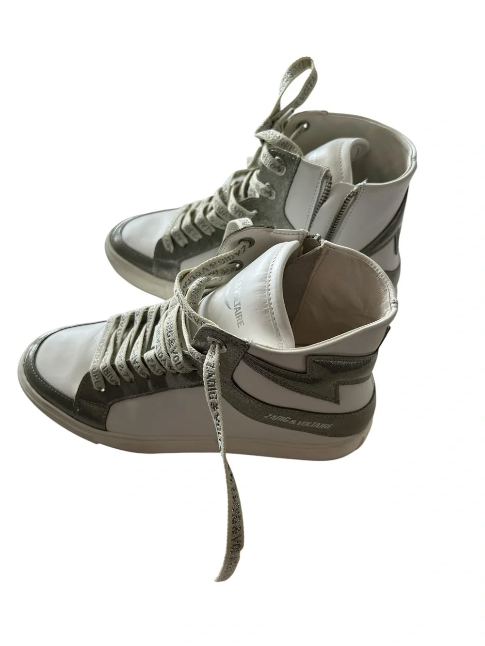 Zadig & Voltaire High Flash Infinity Leather Sneakers White Silver Glitter EU 38 - Picture 2 of 13